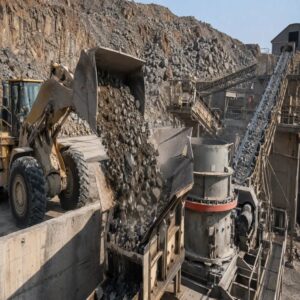 Wheel loader feeding raw ore into a primary crusher at an industrial mining crushing plant