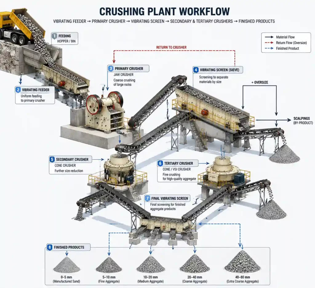 Crushing plant workflow with vibrating feeder, primary crusher, and vibrating screen