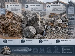 Ore hardness, abrasiveness, moisture, and maximum feed size analysis for crusher selection