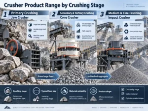 Primary jaw crusher, secondarytertiary cone crusher, and impact crusher product range