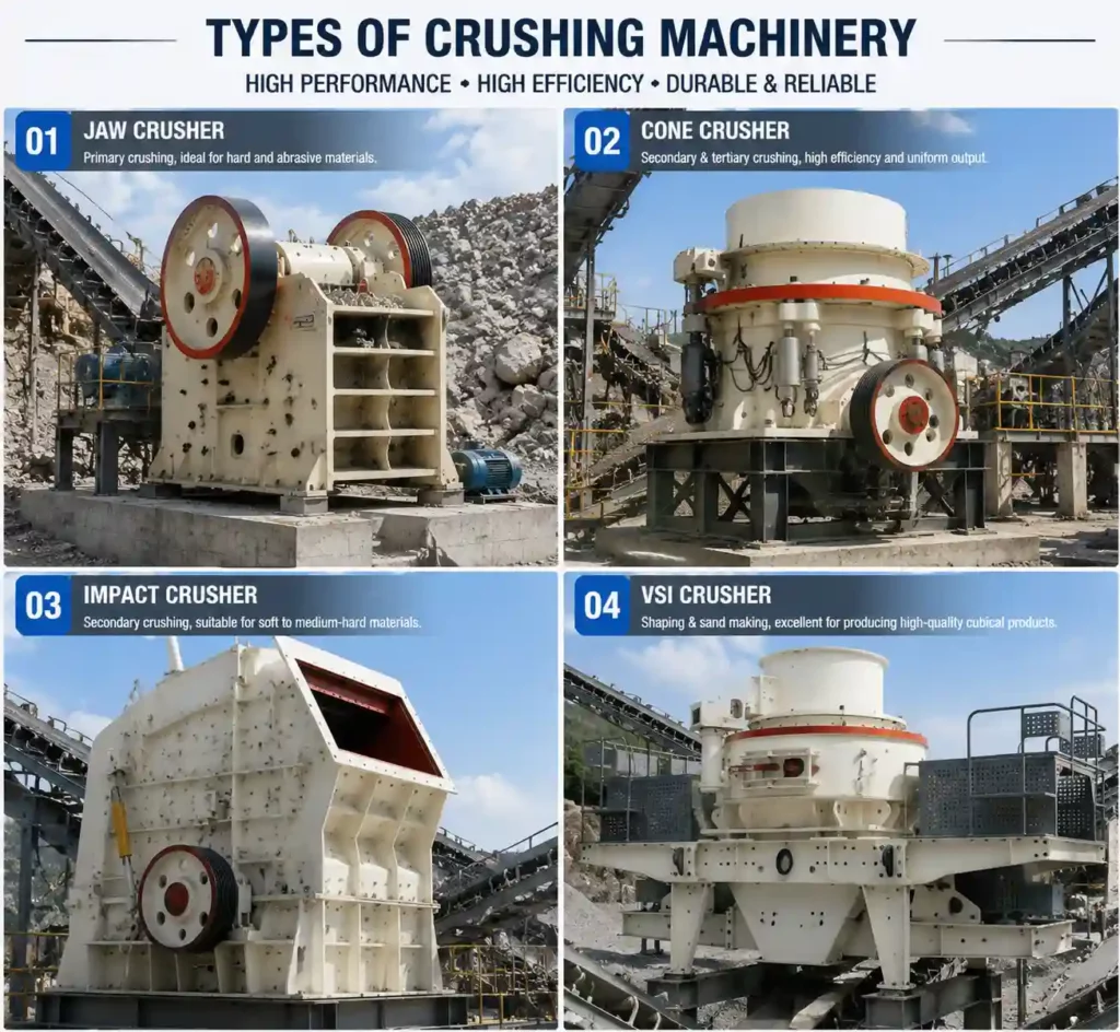 Types of crushing machinery including jaw crusher, cone crus